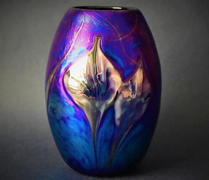 Blue Iridescent Vase With Pink Flowers A3 Kayleigh Young Glass