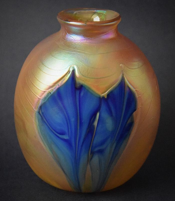 Gold Vase With Blue Flowers KAY5 Kayleigh Young Glass