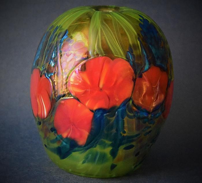 Green Globular Vase With Big Red Flowers KE Kayleigh Young Glass