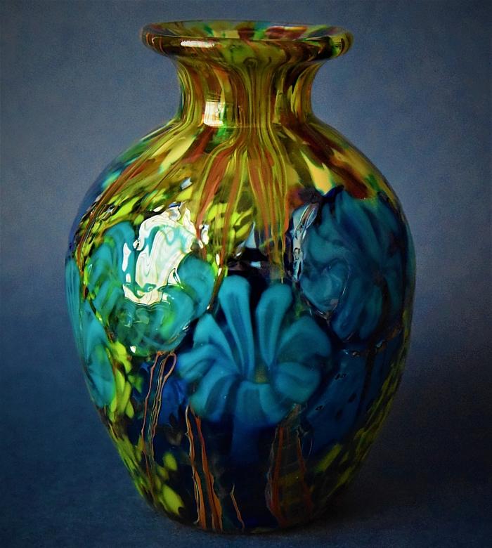 Green Vase With Blue Flowers A5 Kayleigh Young Glass
