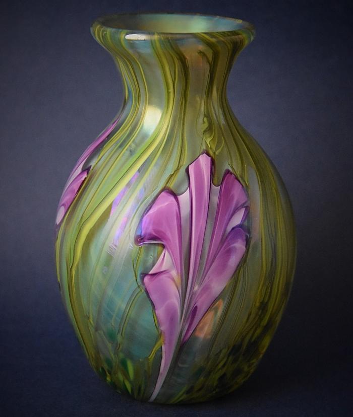 Green Vase With Iris Flowers KAY10 Kayleigh Young Glass