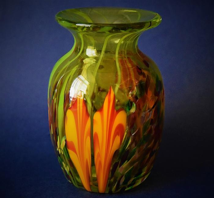 Green Vase With Orange Flowers A7 Kayleigh Young Glass