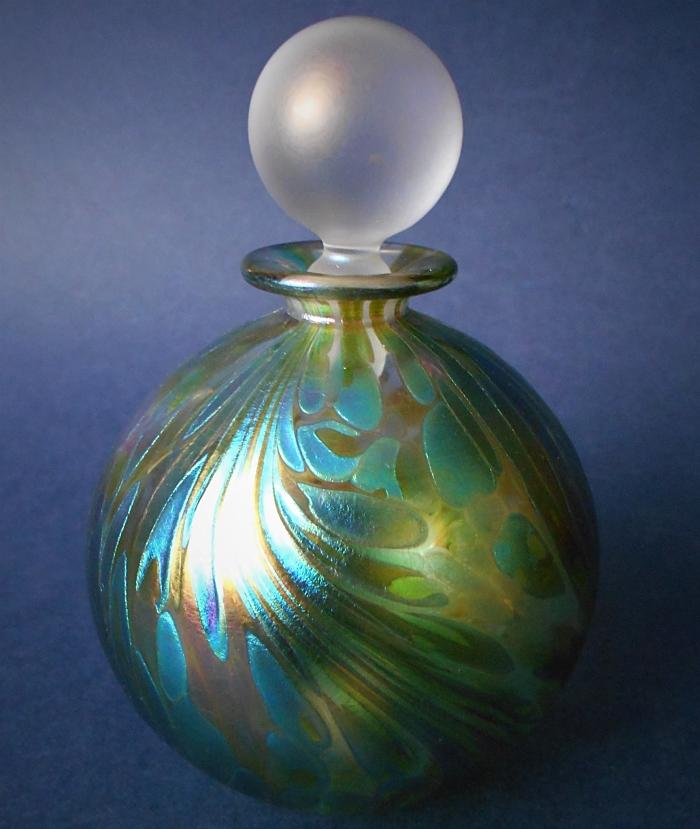 Isle of Wight Studio Glass Featherspray Fumed Blue Green Perfume Bottle Large