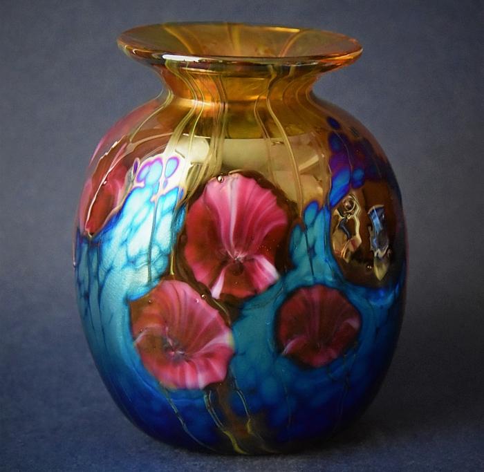 Amber and Blue Vase With Red Flowers KD Kayleigh Young Glass