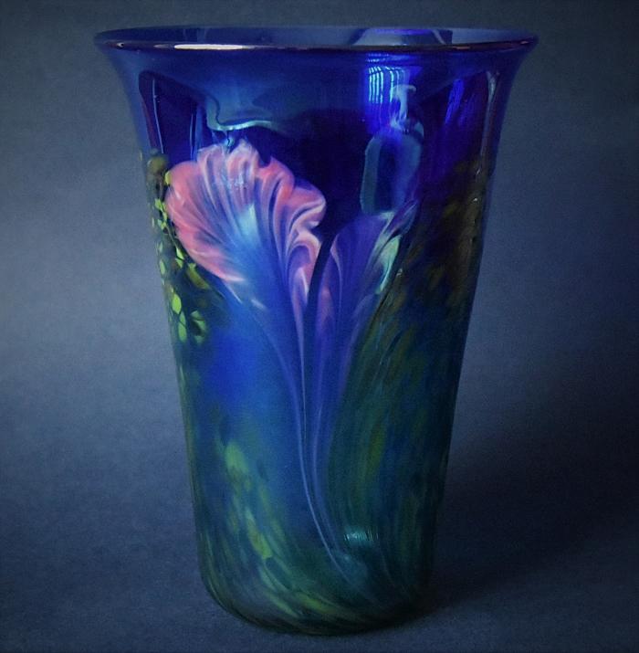 Flared Blue Vase With Pink Flowers OK4 Kayleigh Young Glass