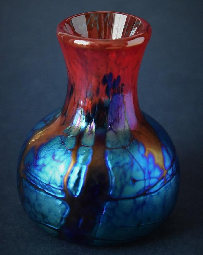 Blue On Red Slender Necked Vase Y10 Kayleigh Young Glass