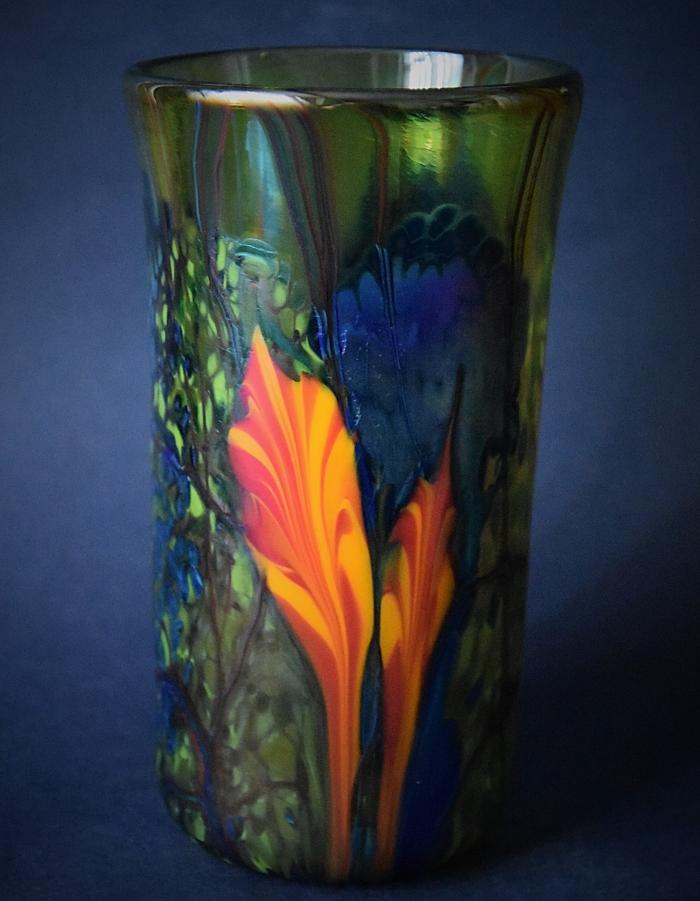 Flared Green Vase With Orange Flowers OK2 Kayleigh Young Glass