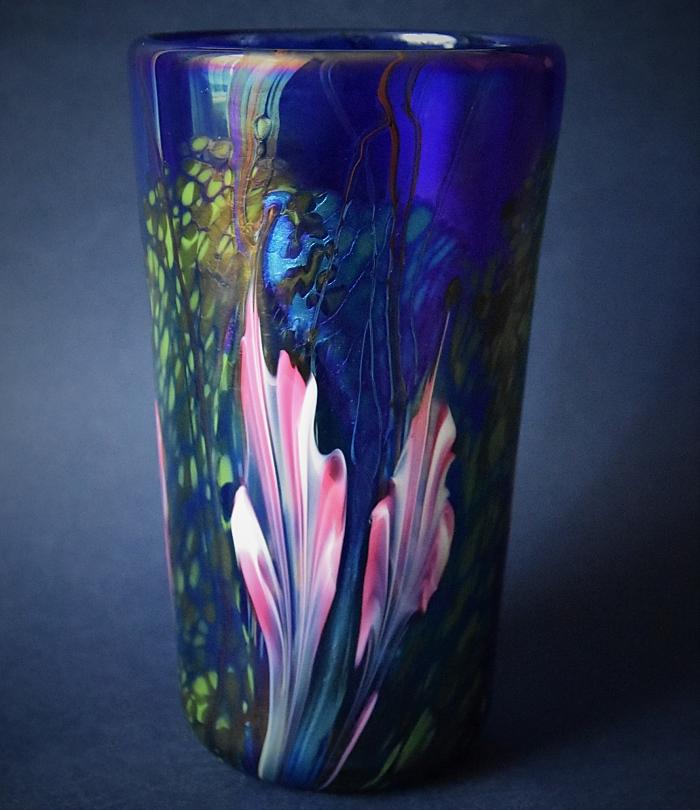 Flared Blue Vase With Pink Flowers OK1 Kayleigh Young Glass