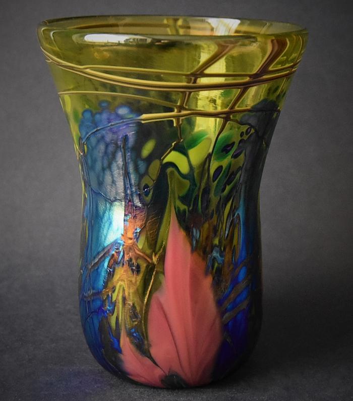 Pink Flared Vase With Blue Flowers KA Kayleigh Young Glass