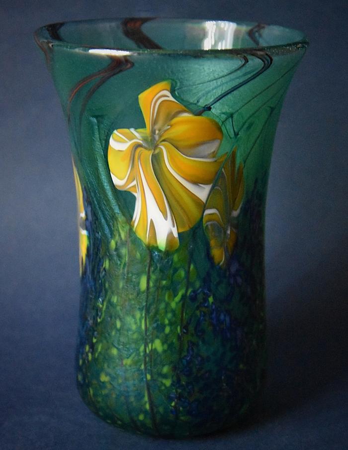 Flared Green Vase With Yellow Flowers OK3 Kayleigh Young Glass