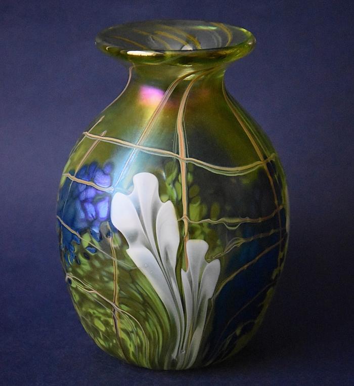 Green Slender Necked Vase With White Flowers OK13 Kayleigh Young Glass