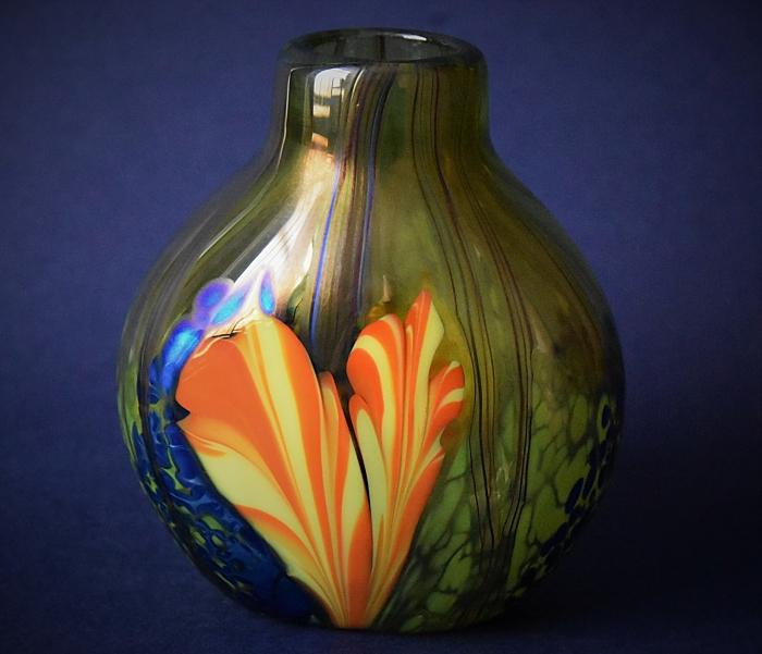 Green Teardrop Vase With Orange Flowers B8 Kayleigh Young Glass