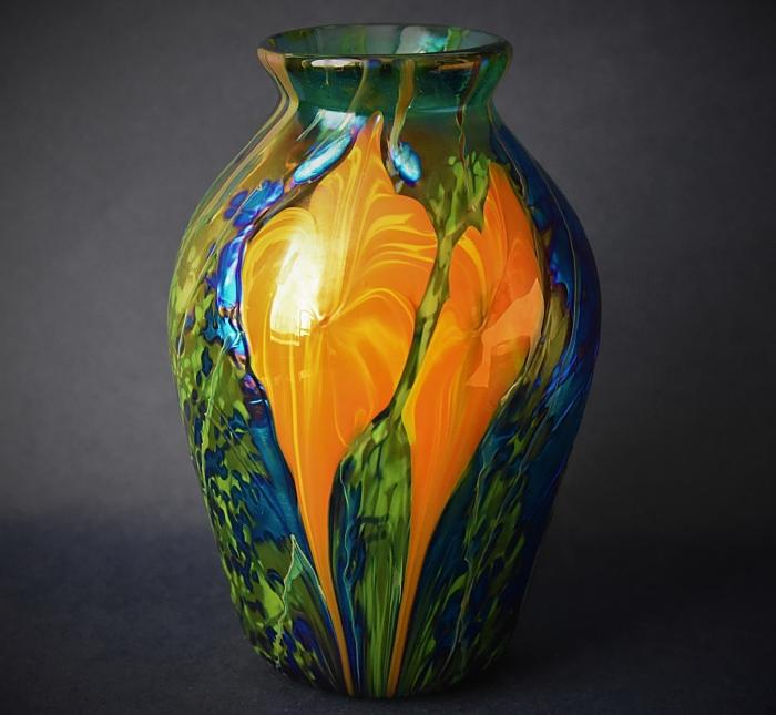 Green Vase With Orange Flowers Y16 Kayleigh Young Glass