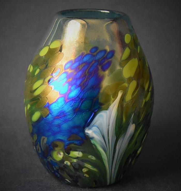 Pale Blue Vase With Green and Blue White Flowers KC Kayleigh Young Glass