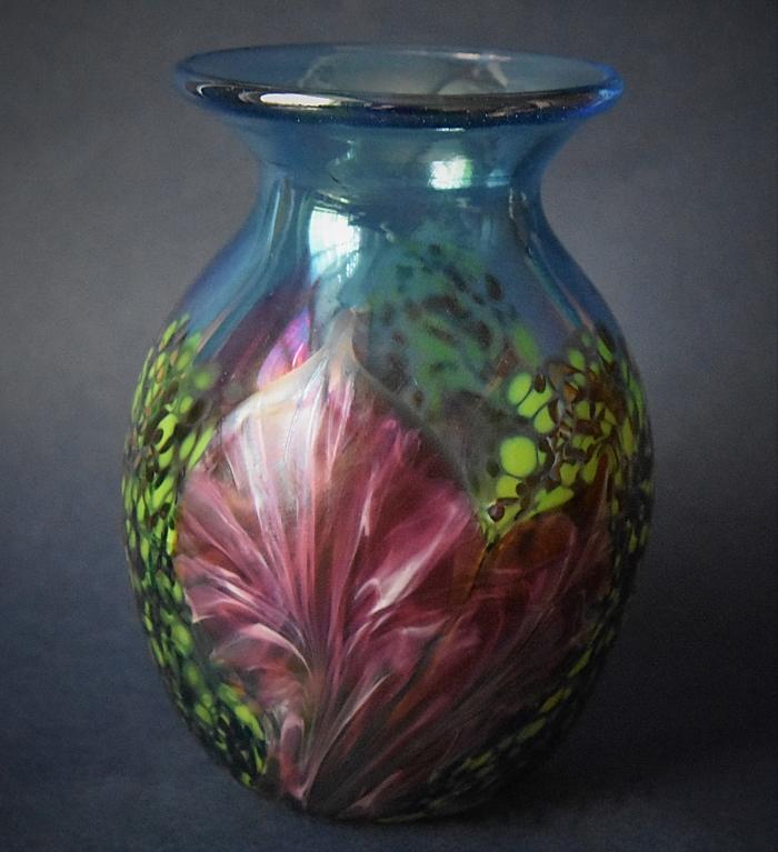 Light Blue Vase With Pink Flowers OK10 Kayleigh Young Glass