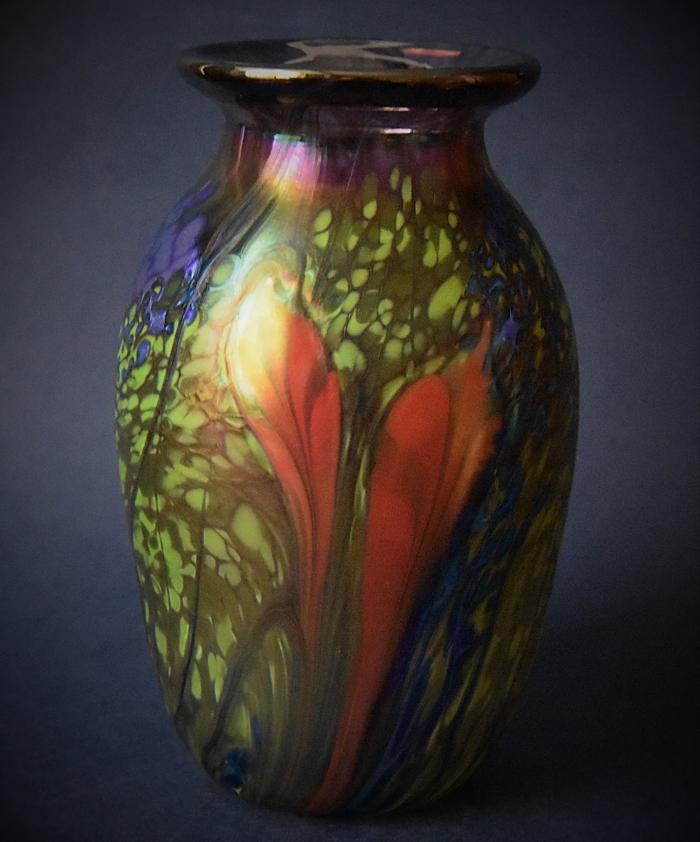 Orange and Green Baluster Vase With Red Flowers OK15 Kayleigh Young Glass
