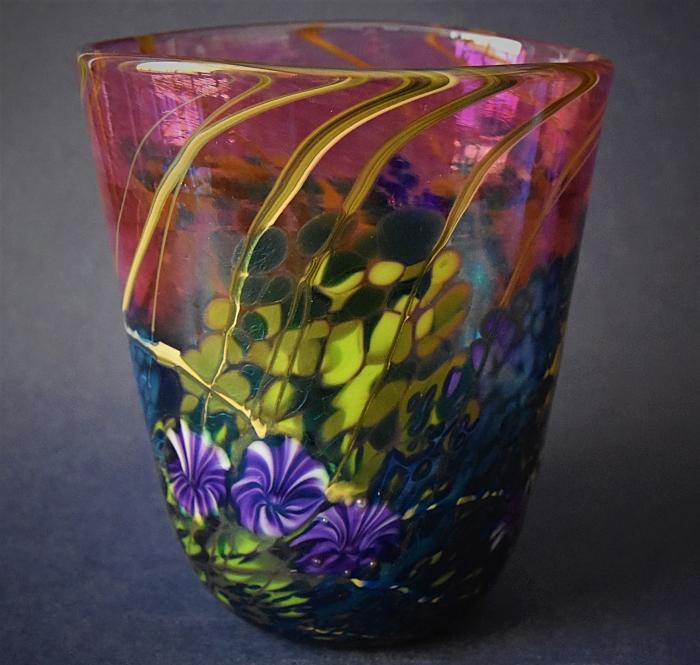 Pink Flared Vase With Blue Flowers KA Kayleigh Young Glass