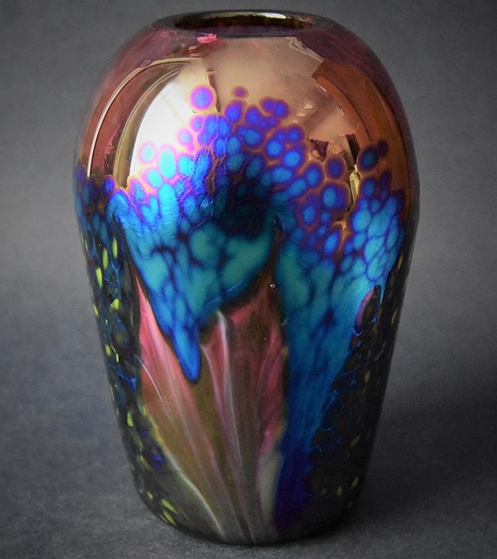 Pink and Blue Vase With Deep Ruby Flowers KN Kayleigh Young Glass