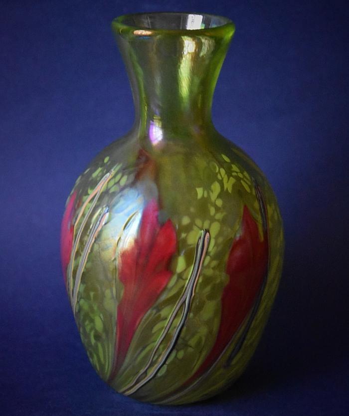 Slender Necked Lime Green Vase With Red Flowers OK5 Kayleigh Young Glass