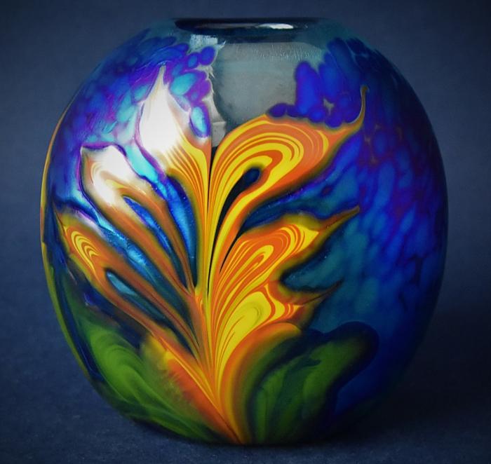 Blue Iridescent Vase With An Abstract Orange Flower KH Kayleigh Young Glass
