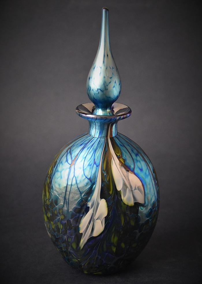 Richard Golding Glass Blue Perfume Bottle With Large White Flowers L