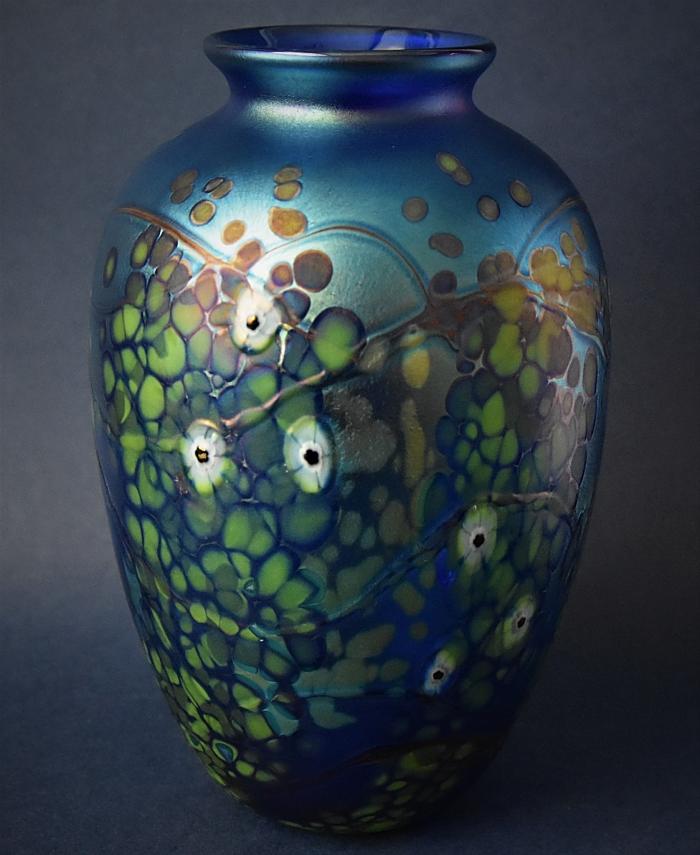 Richard Golding Station Glass Blue Barrel Vase With White Flowers