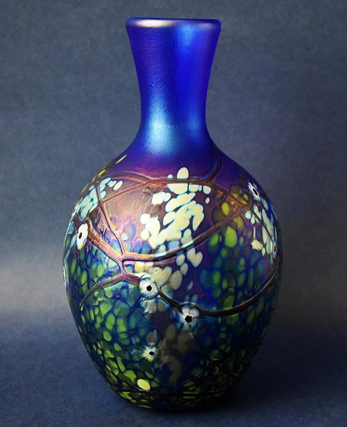 Richard Golding Station Glass Blue Narrow-Necked Vase With White Cane Flowers