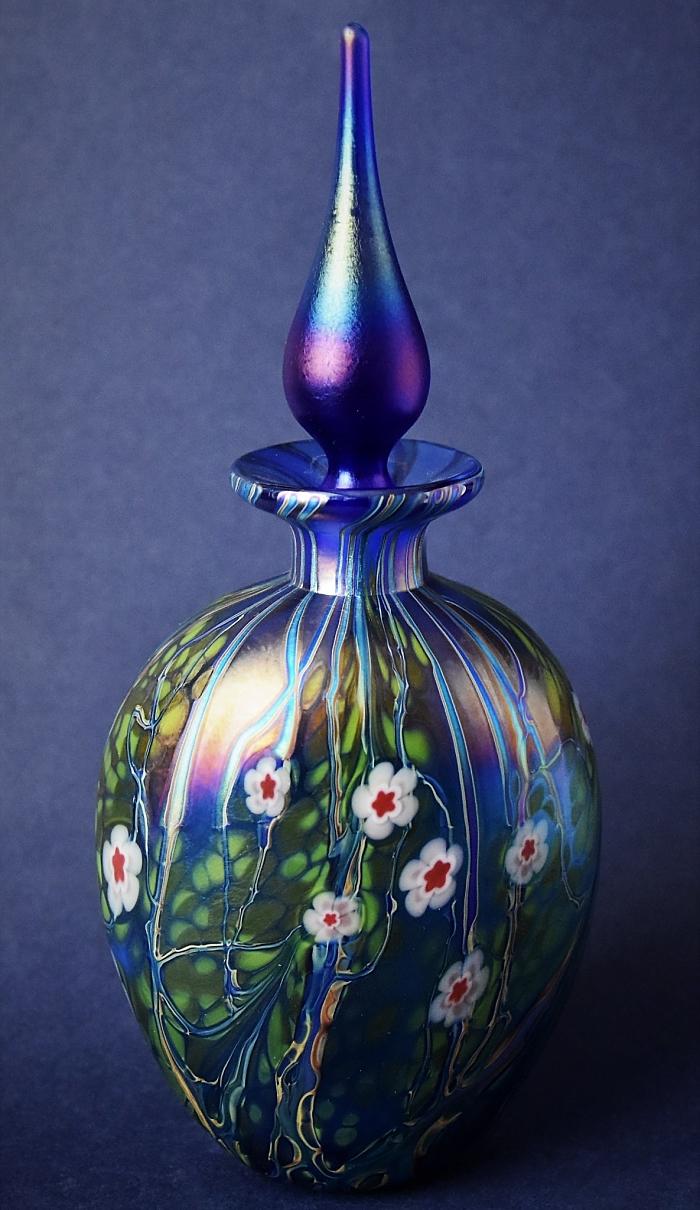 Richard Golding Station Glass Blue Perfume Bottle With Cane Flowers