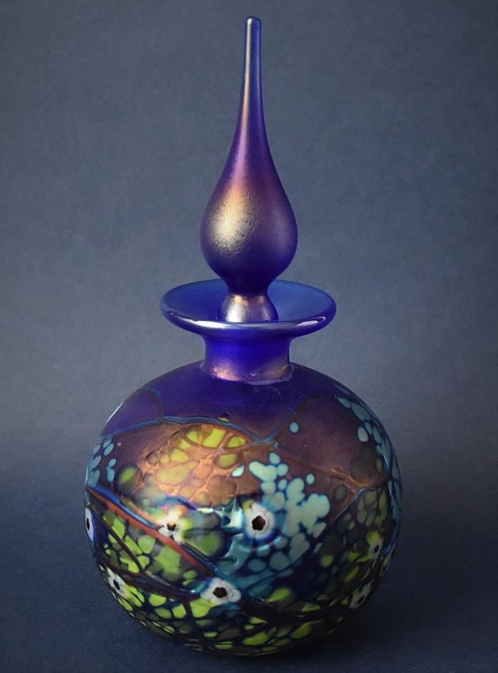 Richard Golding Station Glass Blue Perfume Bottle With White Flowers