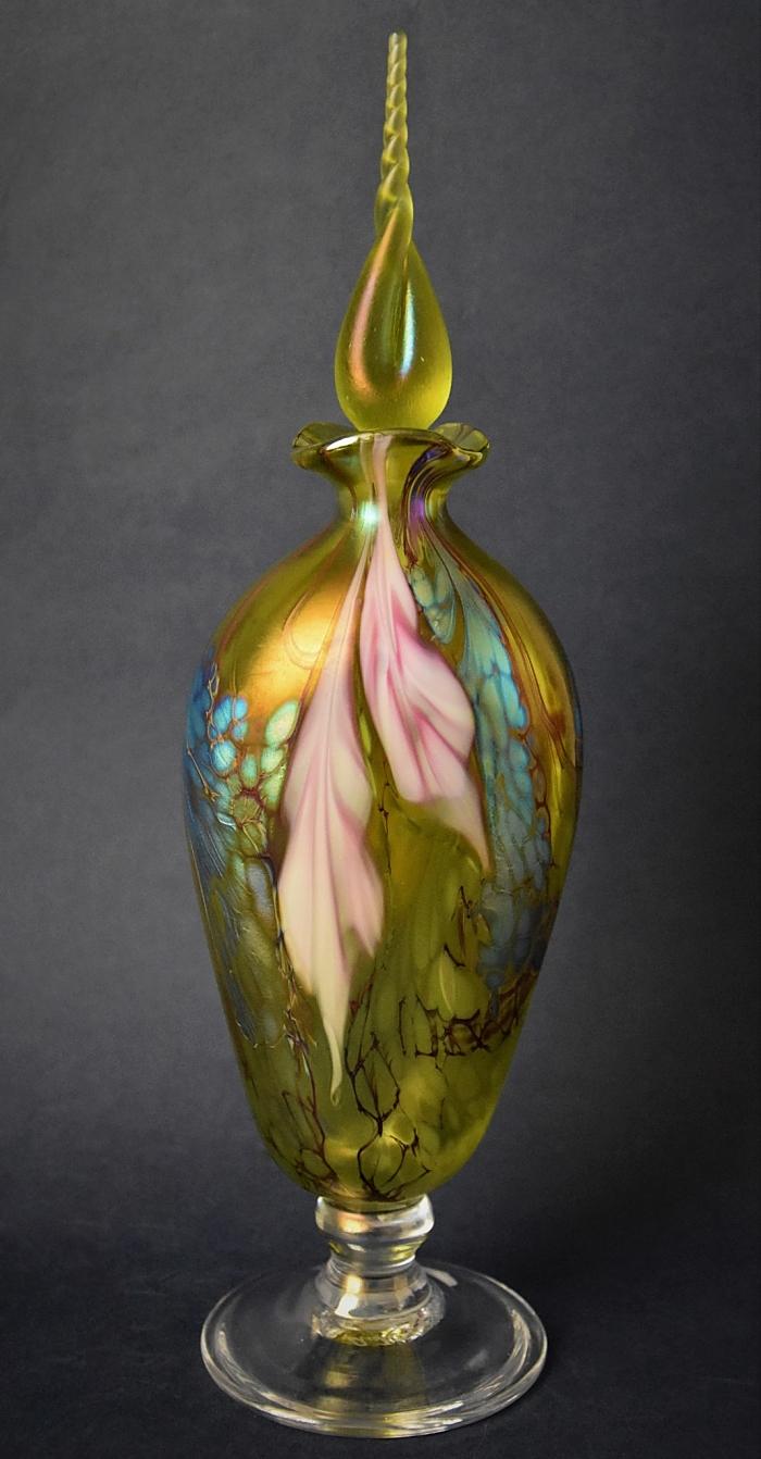 Richard Golding Station Glass Green Bottle with Pink Flowers