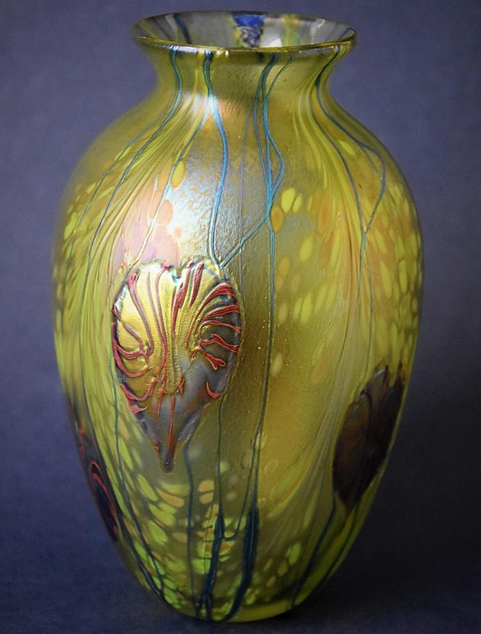 Richard Golding Station Glass Green Vase Copper Ruby Lily Pads