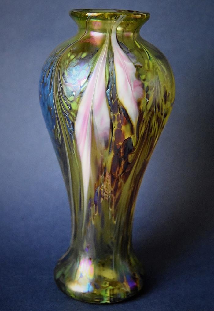 Richard Golding Station Glass Green Vase with Pink Flowers