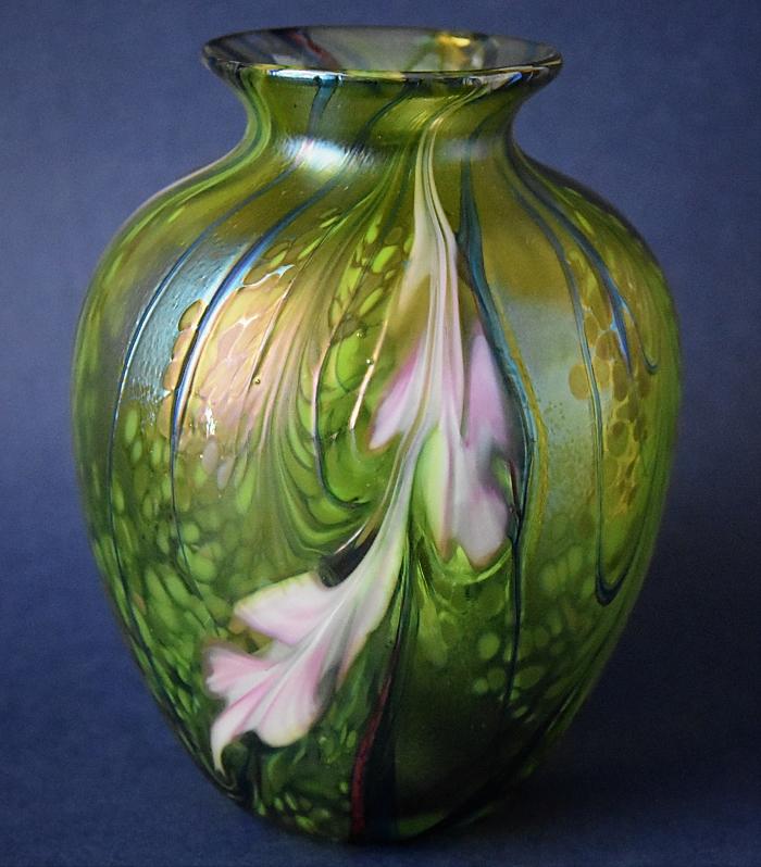 Richard Golding Station Glass Green Vase with Pink Flowers