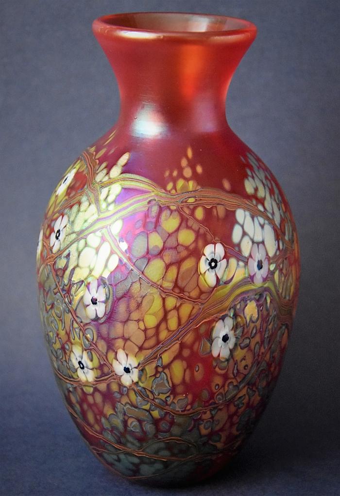 Richard Golding Station Glass Red Vase with White Cane Flowers