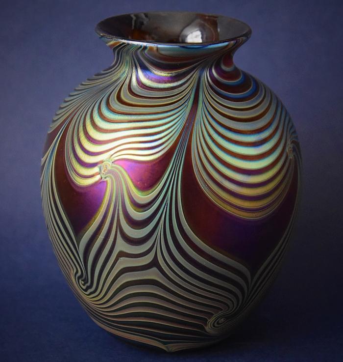 Richard Golding Station Glass Silver Blue and Copper Ruby Threaded Vase