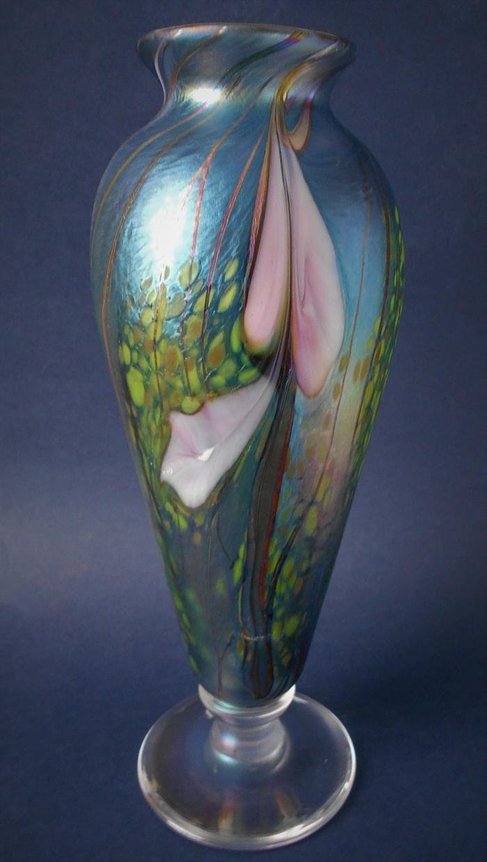 Richard Golding Station Glass Tall Footed Vase With Pink Flowers