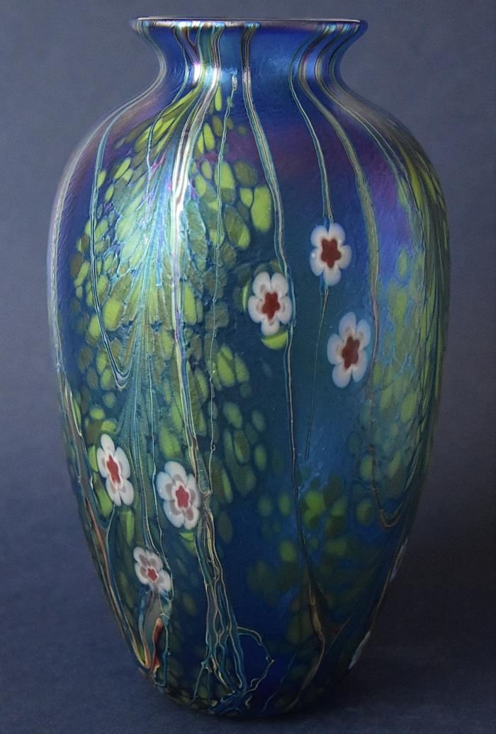 Richard Golding Station Glass Blue Barrel Vase With Cane Flowers