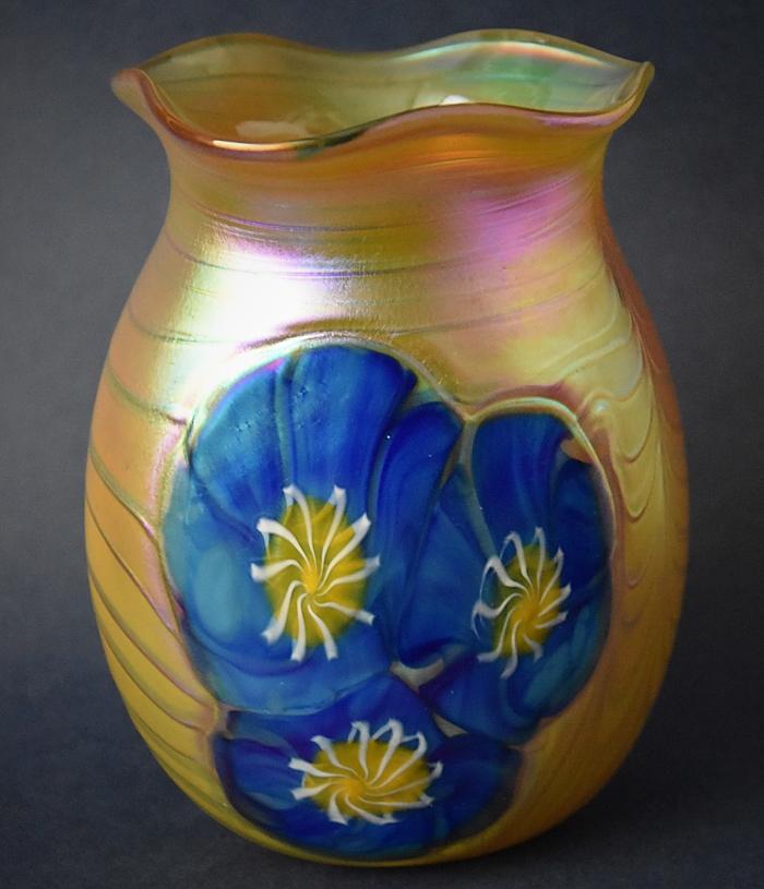 Fluted Gold Vase With Blue Morning Glory Flowers KAY6 Kayleigh Young Glass
