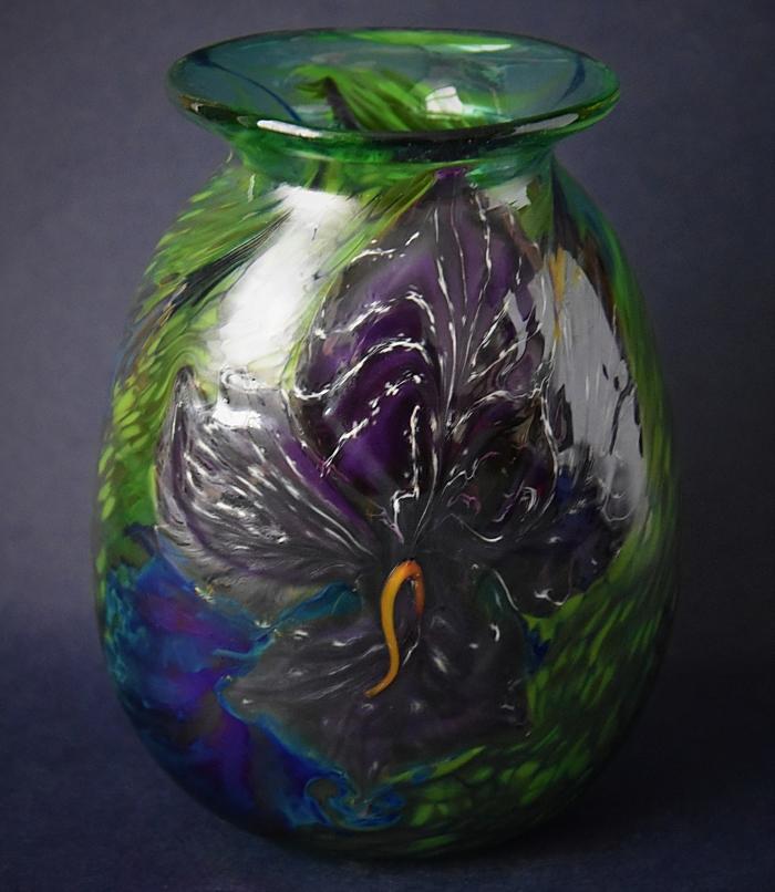 Green Vase With Dark Purple Flowers Y13 Kayleigh Young Glass