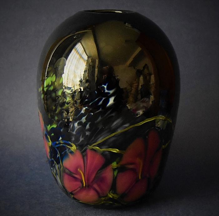 Black Vase With Pink Flowers KM Kayleigh Young Station Glass