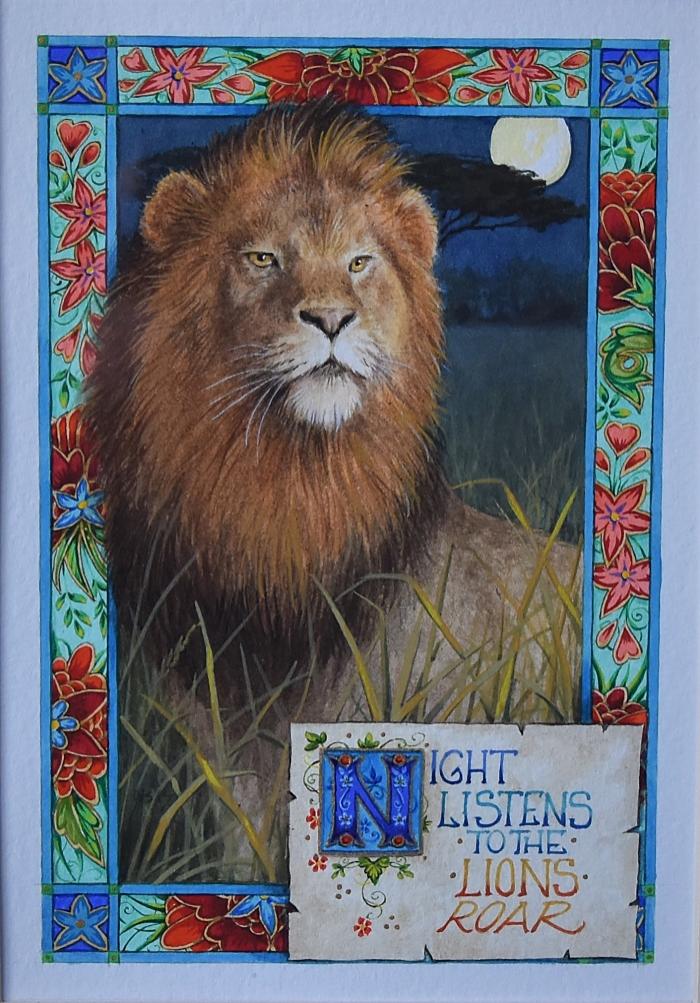 'Night listens' Lion Inspired by Lord Byron Watercolour by Debby Faulkner-Stevens