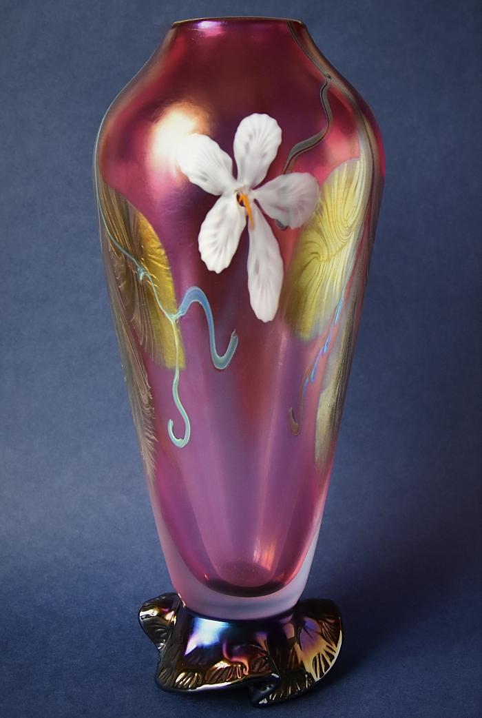 Okra Glass Pink Iridescent Footed Vase Richard Golding