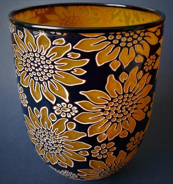 Timothy Harris Isle of Wight Studio Glass Graal Yellow and Black Tall Floral Bowl