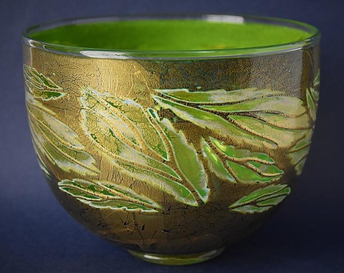 Timothy Harris Isle of Wight Studio Glass Graal Green and Gold Leaf Bowl